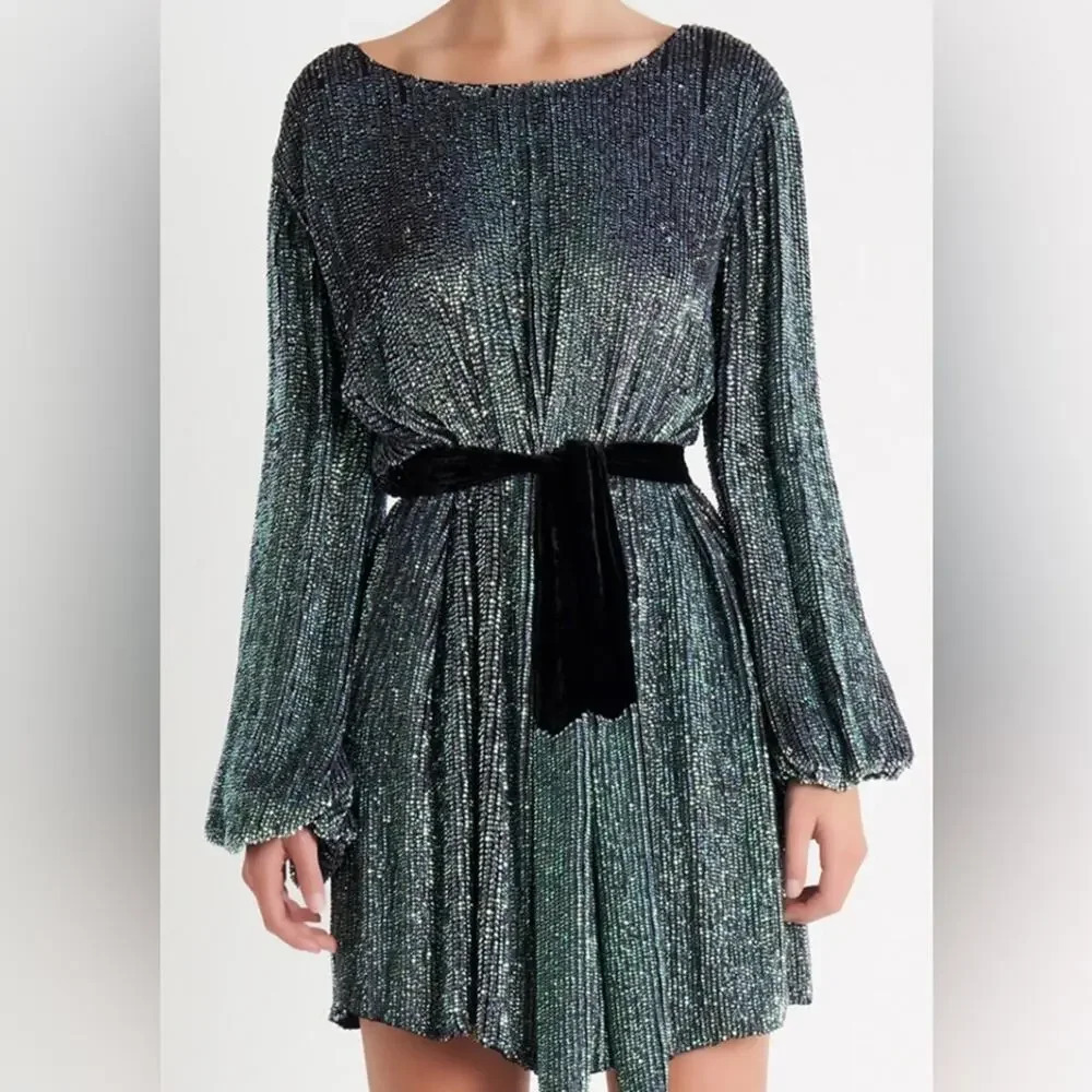 Retrofete Grace Sequin Mini Dress Metallic Green Size XS